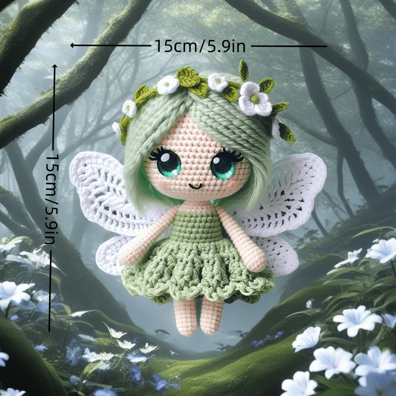 Butterfly Girl Crochet Doll Collection Doll Materials Kit, with green, blue, and pink dresses. Adorable princess Fleece toy sets, DIY crochet doll handmade gifts, very suitable for beginners.