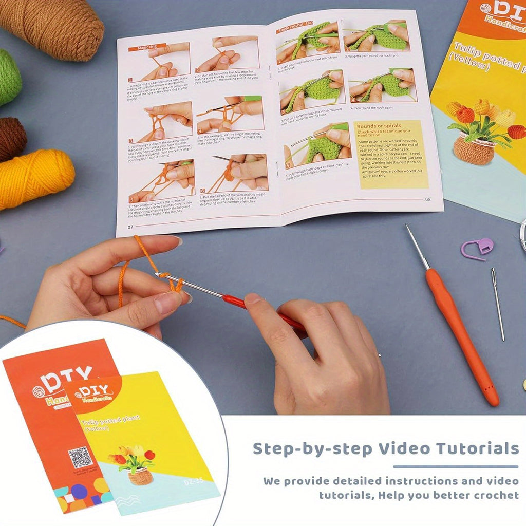 Crochet kit for Beginners Adults and Kids Knitting Flower and Plant for Starter Lovers Learn How to with Step- by- Step Video Tutorial for DIY Kits
