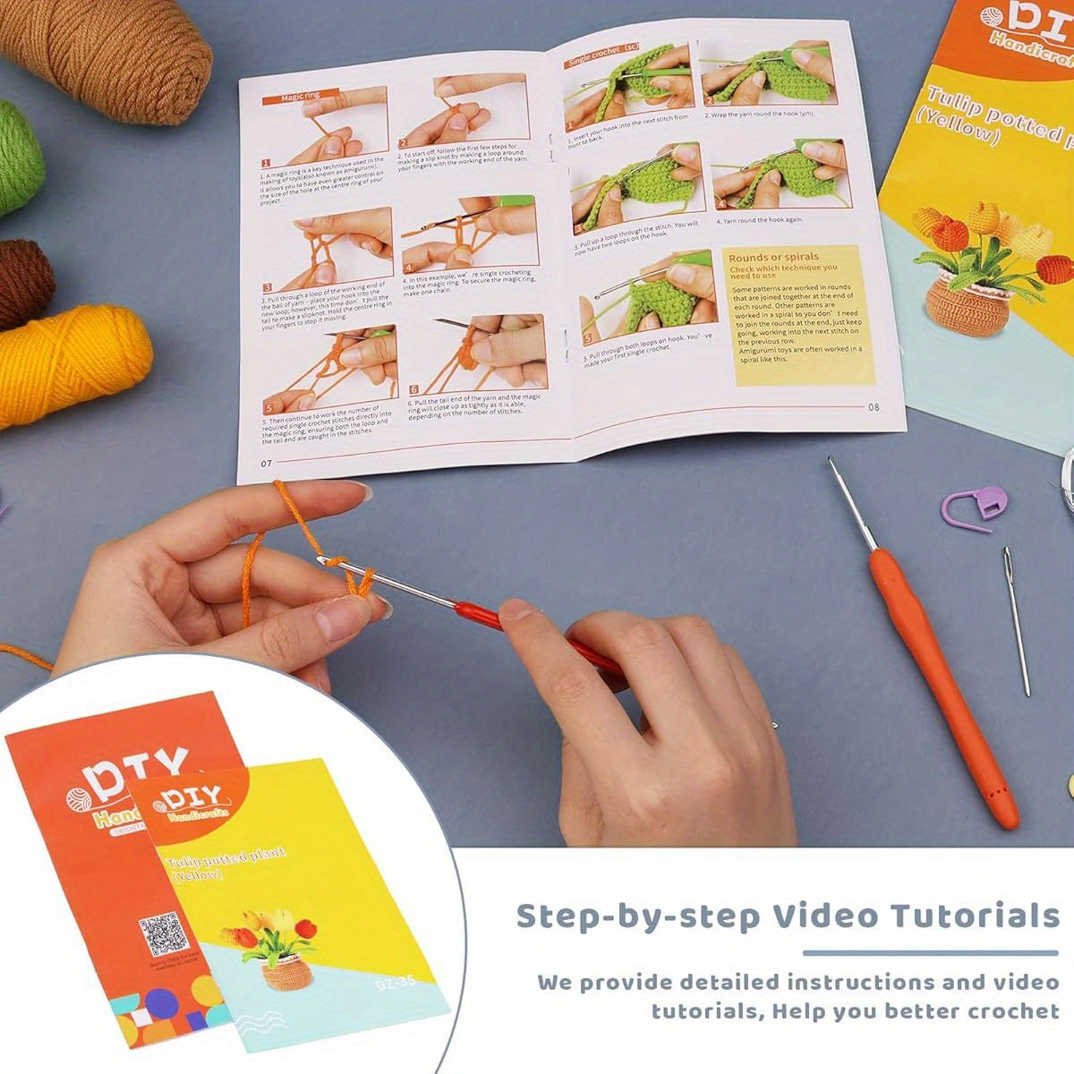 Crochet kit for Beginners Adults and Kids Knitting Flower and Plant for Starter Lovers Learn How to with Step- by- Step Video Tutorial for DIY Kits