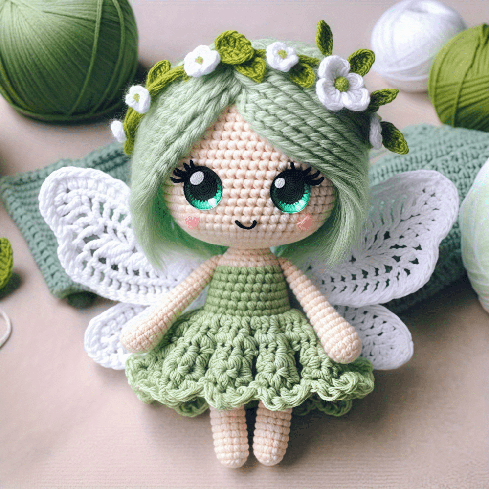 Butterfly Girl Crochet Doll Collection Doll Materials Kit, with green, blue, and pink dresses. Adorable princess Fleece toy sets, DIY crochet doll handmade gifts, very suitable for beginners.
